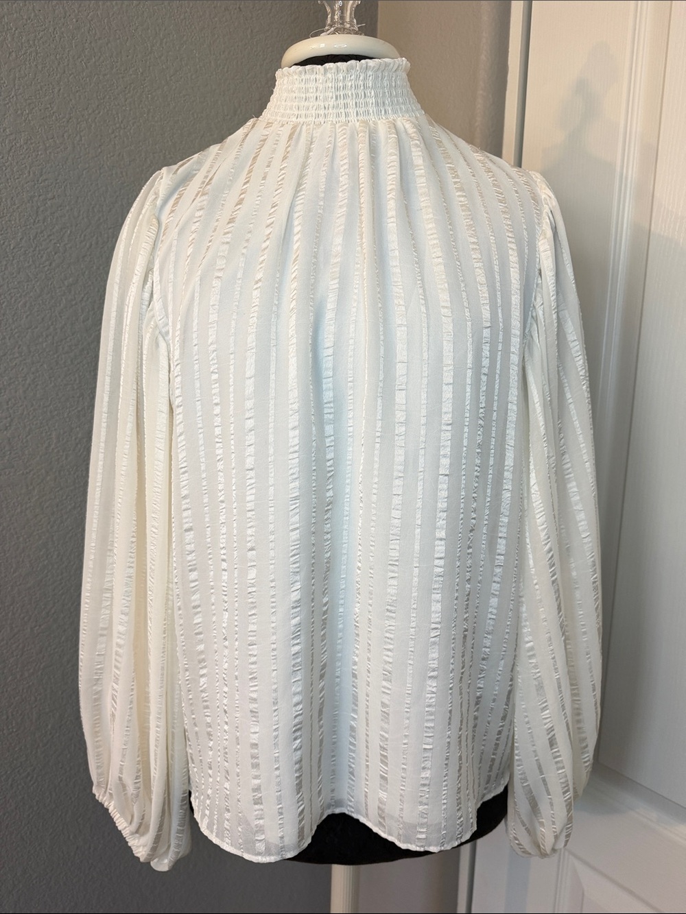 1. State Ivory Smocked High-Neck Long Sleeve Blouse